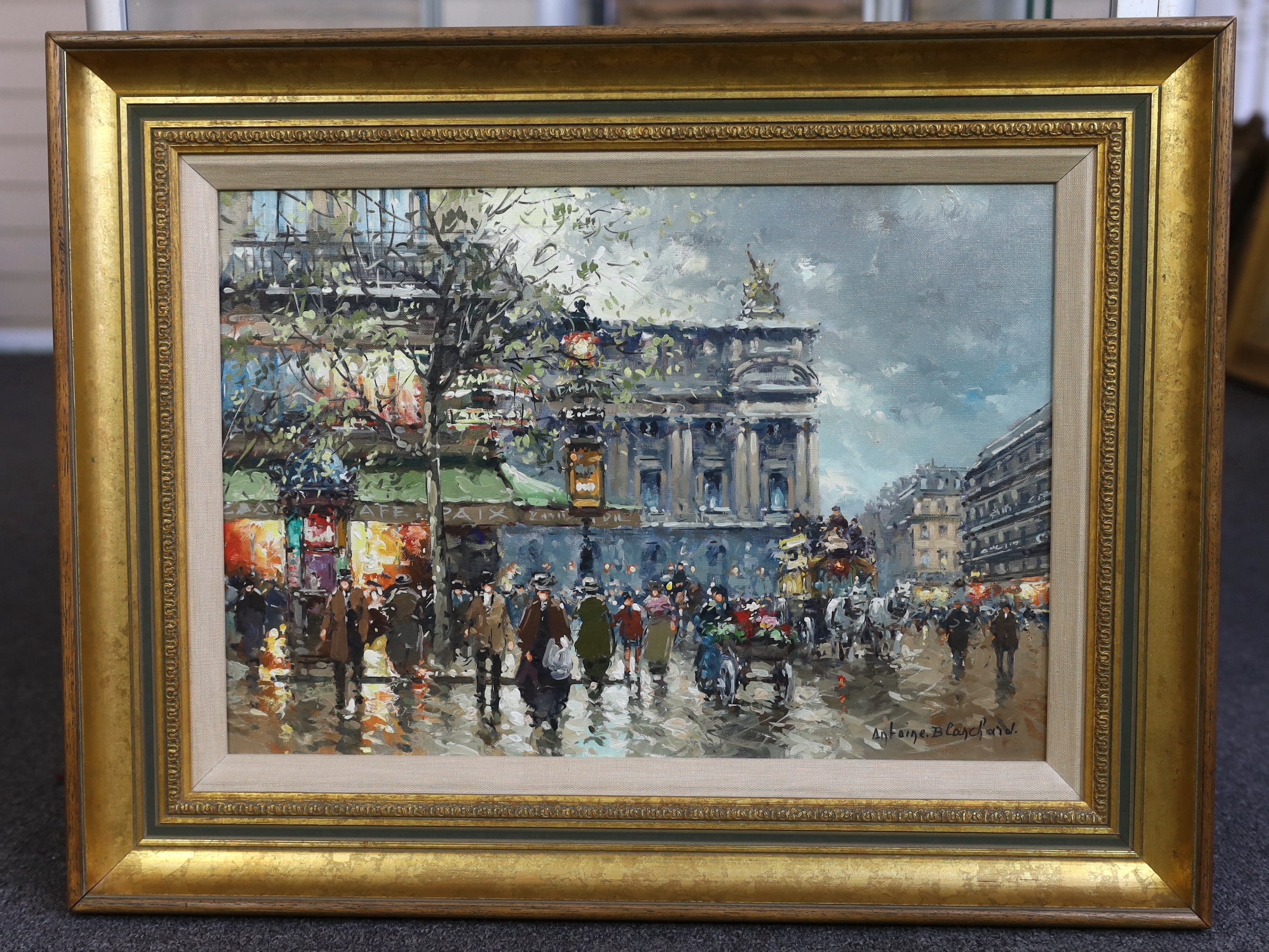 Antoine Blanchard (French, 1910-1988), 'By coach in the rain', oil on canvas, 32 x 46cm